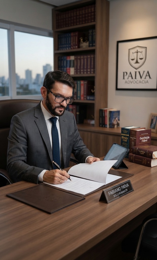 Advogado da Paiva Advocacia assinando documentos no escritório